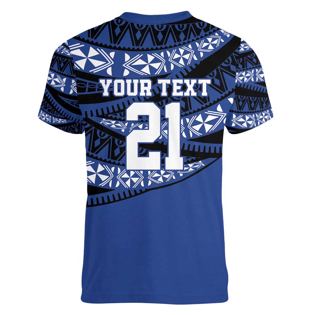 Fiji Rugby Pacific Custom Women V-Neck T-Shirt Pasifika Tapa Pattern