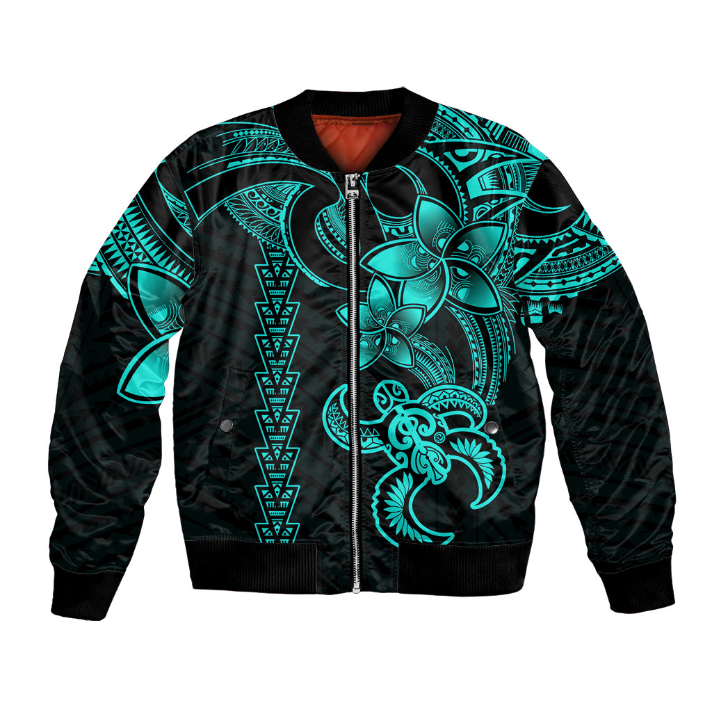 Hawaiian Tribal Bomber Jacket Polynesian Kakau Turtle - Aqua LT9 Unisex Aqua - Polynesian Pride