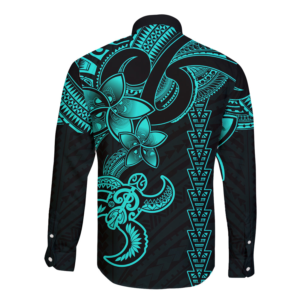 Hawaiian Tribal Long Sleeve Button Shirt Polynesian Kakau Turtle - Aqua LT9 - Polynesian Pride