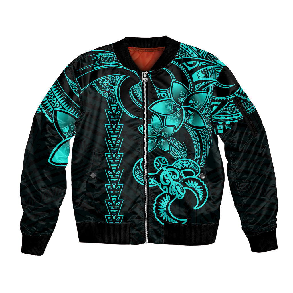 Hawaiian Tribal Sleeve Zip Bomber Jacket Polynesian Kakau Turtle - Aqua LT9 Unisex Aqua - Polynesian Pride
