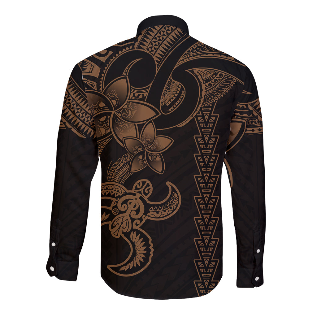 Hawaiian Tribal Long Sleeve Button Shirt Polynesian Kakau Turtle - Gold LT9 - Polynesian Pride