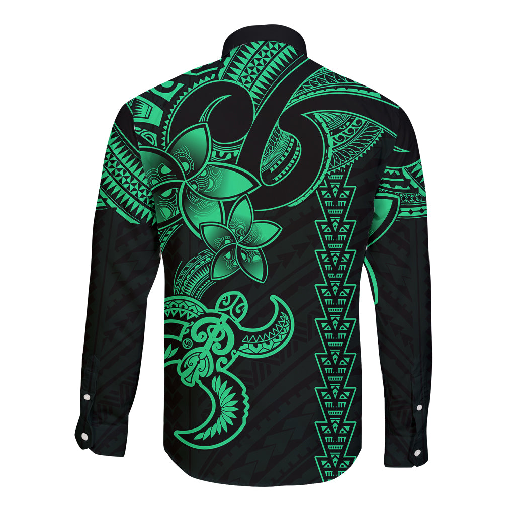 Hawaiian Tribal Long Sleeve Button Shirt Polynesian Kakau Turtle - Green LT9 - Polynesian Pride