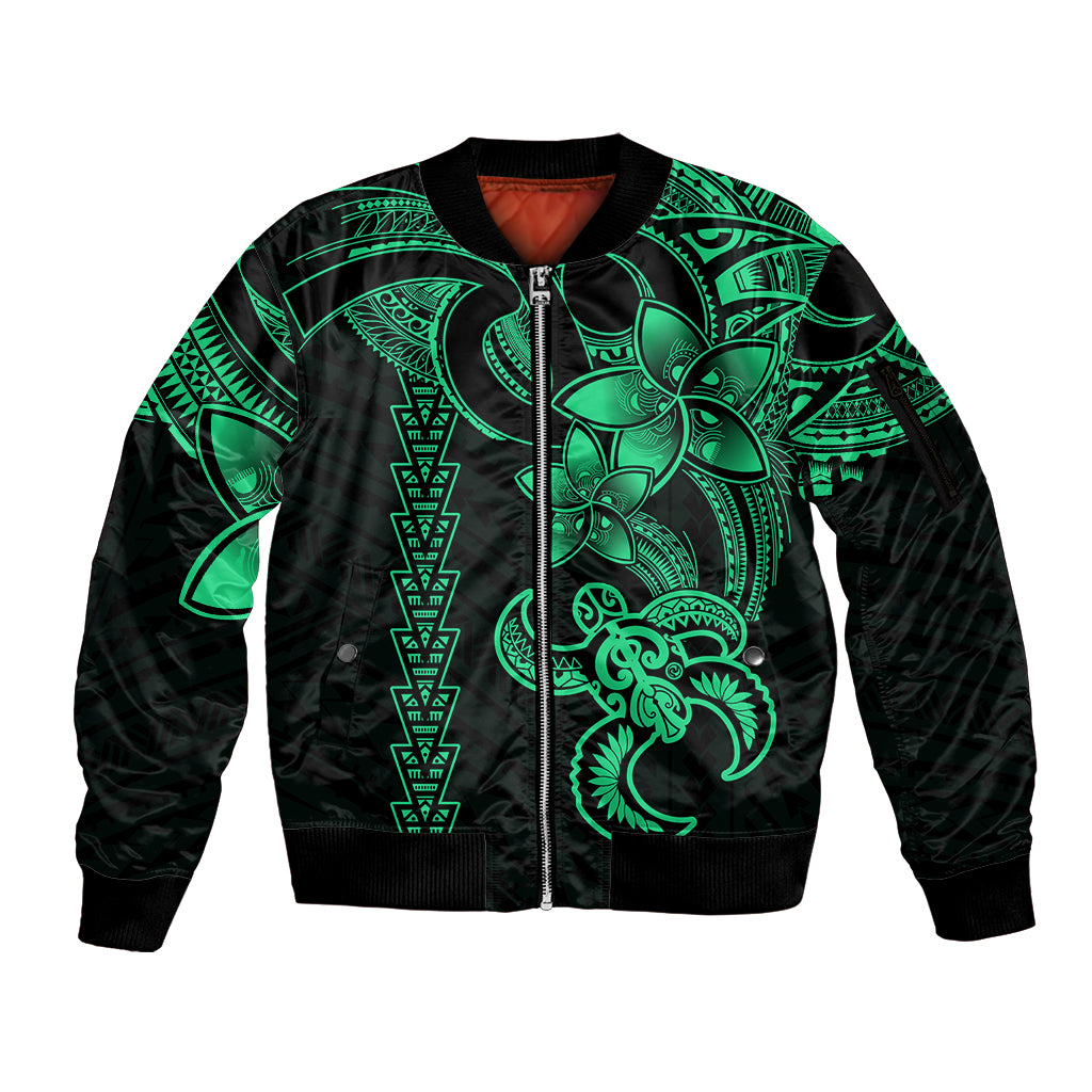 Hawaiian Tribal Sleeve Zip Bomber Jacket Polynesian Kakau Turtle - Green LT9 Unisex Green - Polynesian Pride