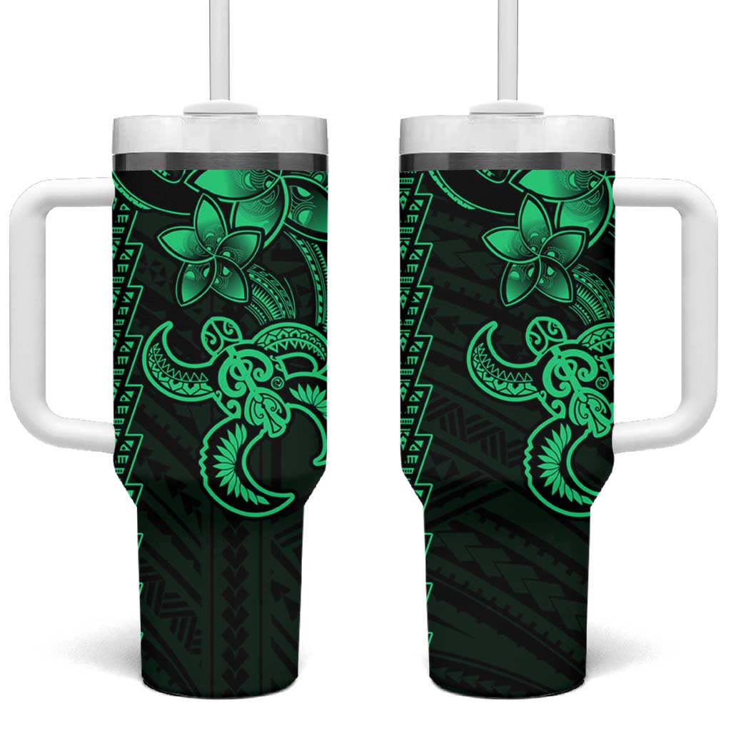 Green Hawaiian Kakau Turtle Tumbler With Handle Polynesian Tribal