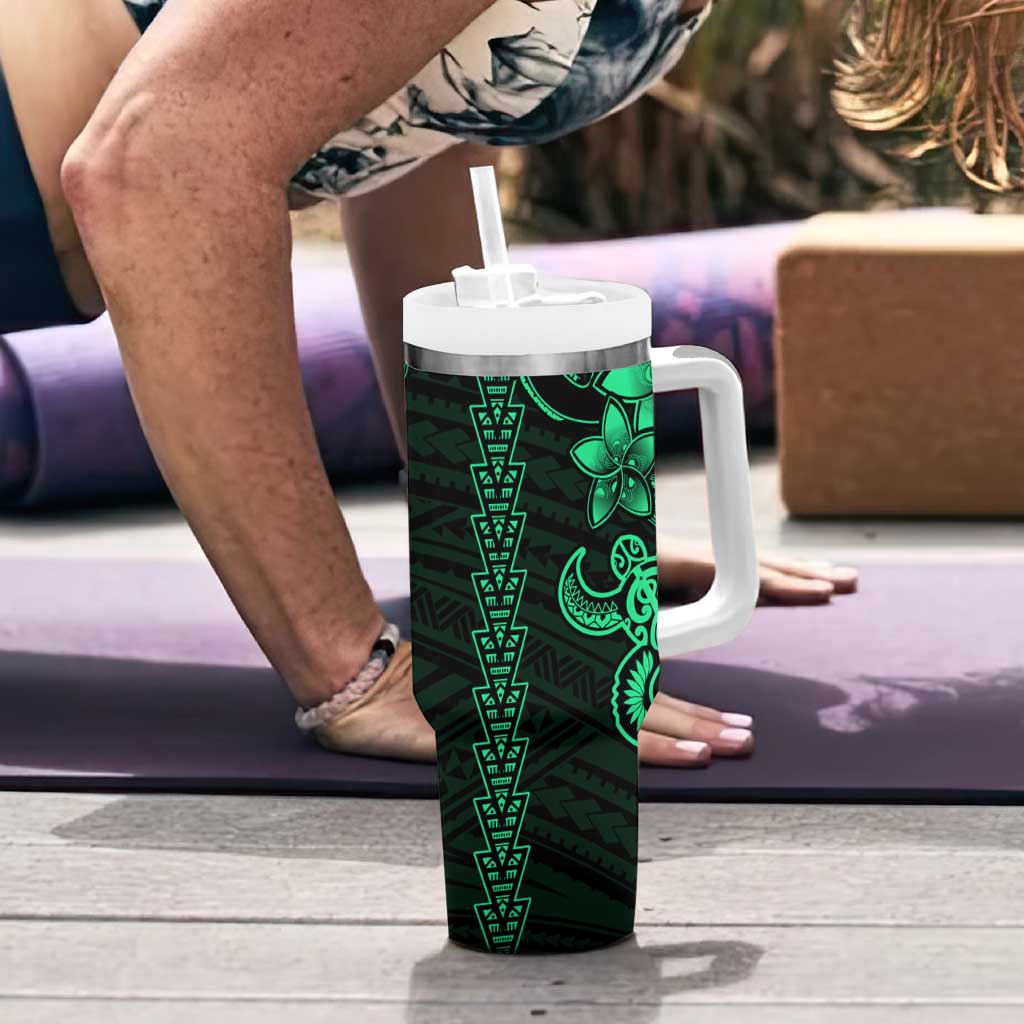 Green Hawaiian Kakau Turtle Tumbler With Handle Polynesian Tribal