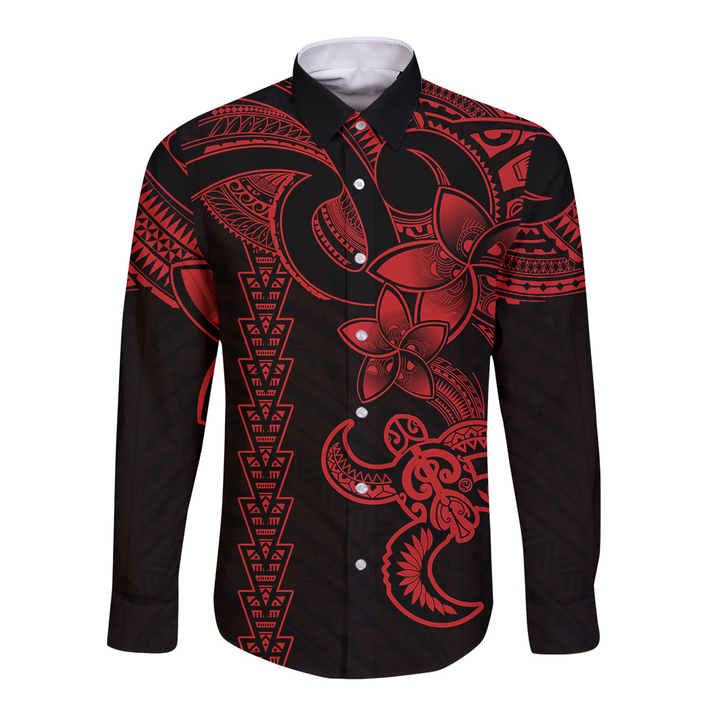 Hawaiian Tribal Long Sleeve Button Shirt Polynesian Kakau Turtle - Red LT9 Unisex Red - Polynesian Pride