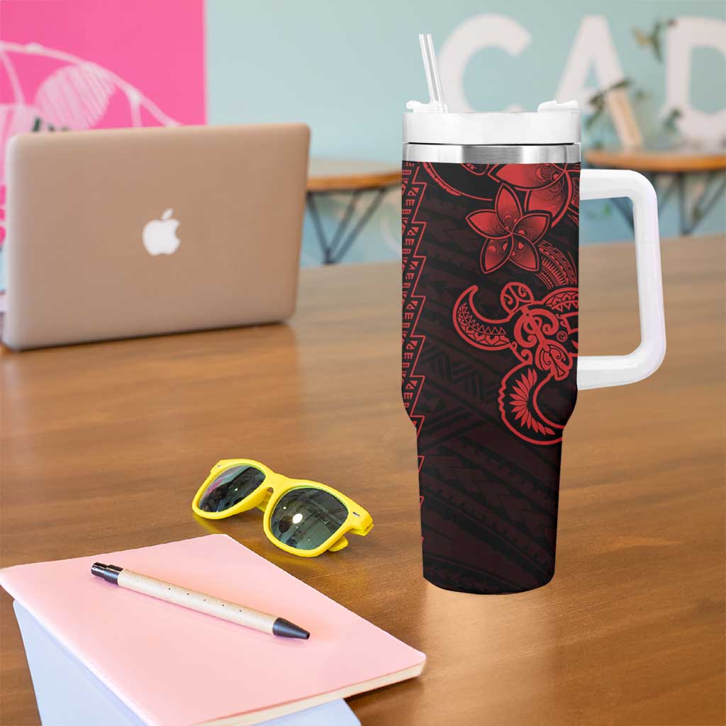 Red Hawaiian Kakau Turtle Tumbler With Handle Polynesian Tribal