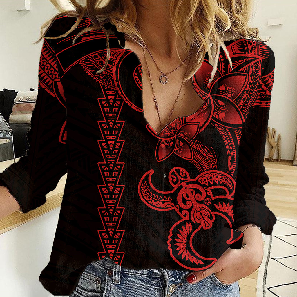 Hawaiian Tribal Women Casual Shirt Polynesian Kakau Turtle - Red LT9 Female Red - Polynesian Pride