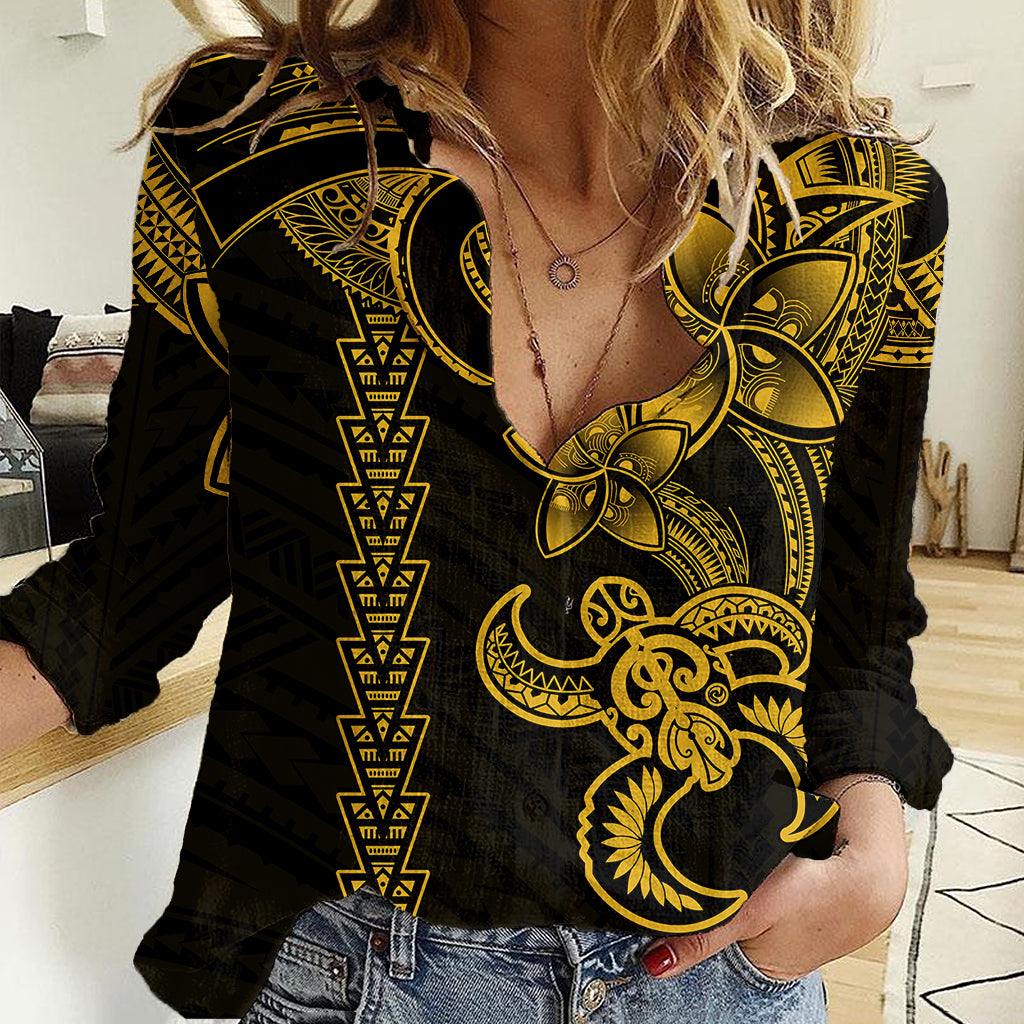 Hawaiian Tribal Women Casual Shirt Polynesian Kakau Turtle - Yellow LT9 Female Yellow - Polynesian Pride