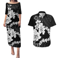 American Samoa Lotu Tamaiti Couples Matching Puletasi and Hawaiian Shirt White Sunday Plumeria Black Vibe