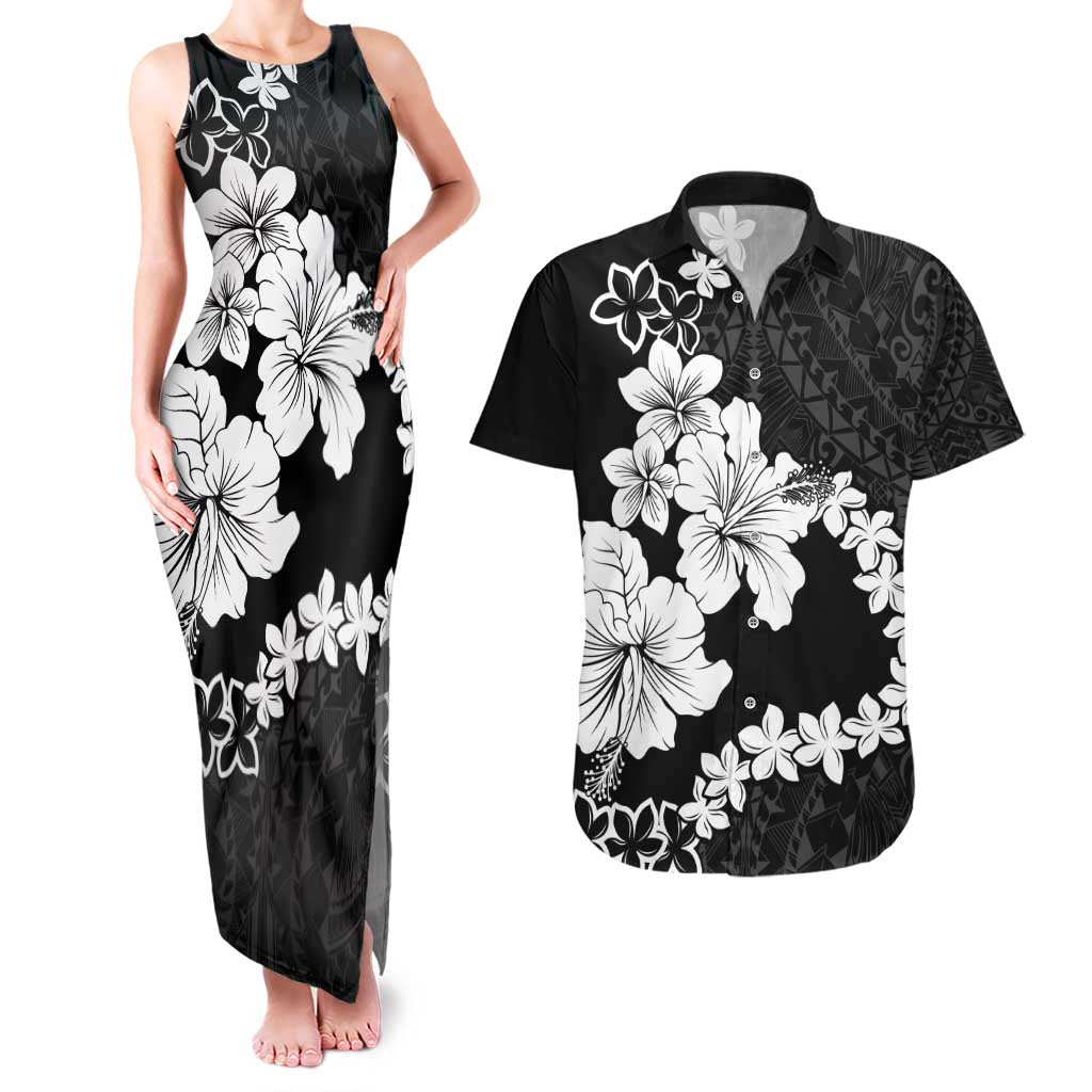 American Samoa Lotu Tamaiti Couples Matching Tank Maxi Dress and Hawaiian Shirt White Sunday Plumeria Black Vibe