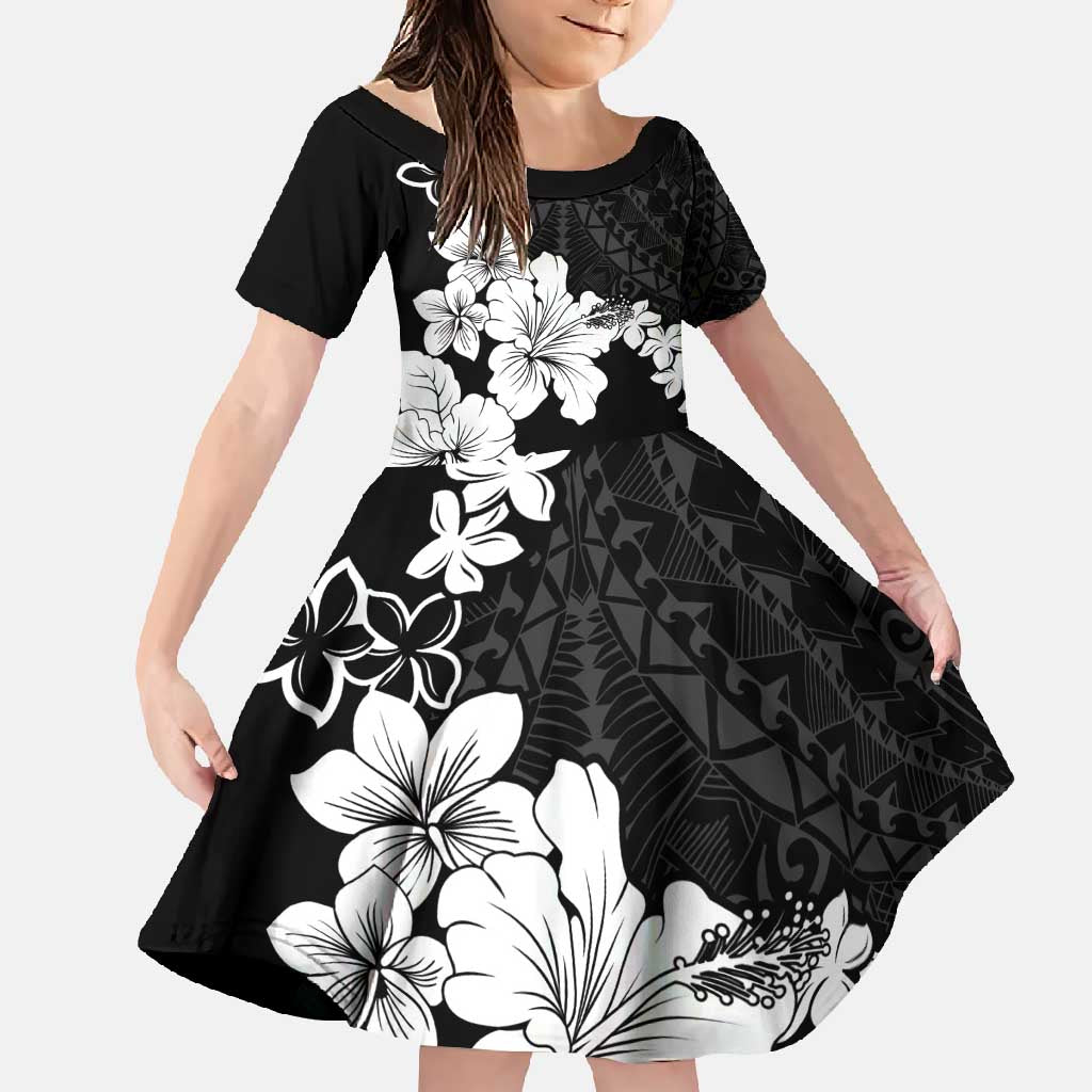 American Samoa Lotu Tamaiti Family Matching Long Sleeve Bodycon Dress and Hawaiian Shirt White Sunday Plumeria Black Vibe LT9 Daughter's Dress Black - Polynesian Pride