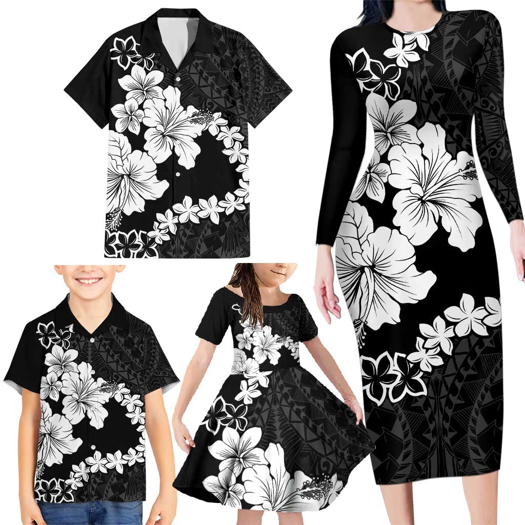 American Samoa Lotu Tamaiti Family Matching Long Sleeve Bodycon Dress and Hawaiian Shirt White Sunday Plumeria Black Vibe LT9 - Polynesian Pride