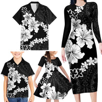 American Samoa Lotu Tamaiti Family Matching Long Sleeve Bodycon Dress and Hawaiian Shirt White Sunday Plumeria Black Vibe LT9 - Polynesian Pride