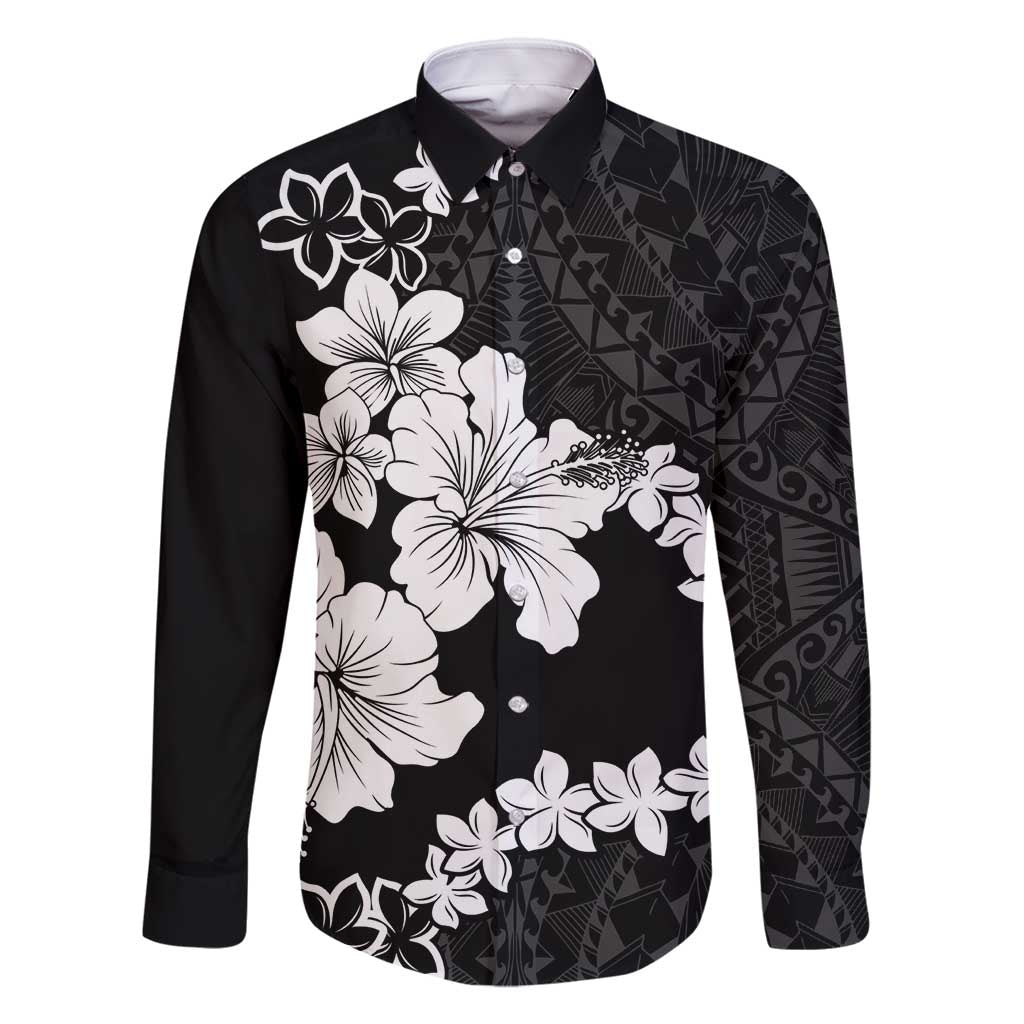 American Samoa Lotu Tamaiti Family Matching Long Sleeve Bodycon Dress and Hawaiian Shirt White Sunday Plumeria Black Vibe LT9 Dad's Shirt - Long Sleeve Black - Polynesian Pride