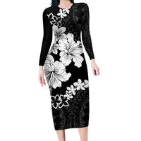 American Samoa Lotu Tamaiti Family Matching Long Sleeve Bodycon Dress and Hawaiian Shirt White Sunday Plumeria Black Vibe LT9 Mom's Dress Black - Polynesian Pride