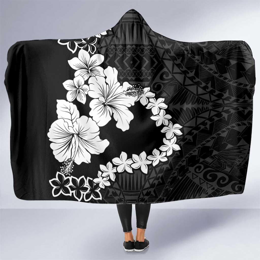 American Samoa Lotu Tamaiti Hooded Blanket White Sunday Plumeria Black Vibe LT9 One Size Black - Polynesian Pride