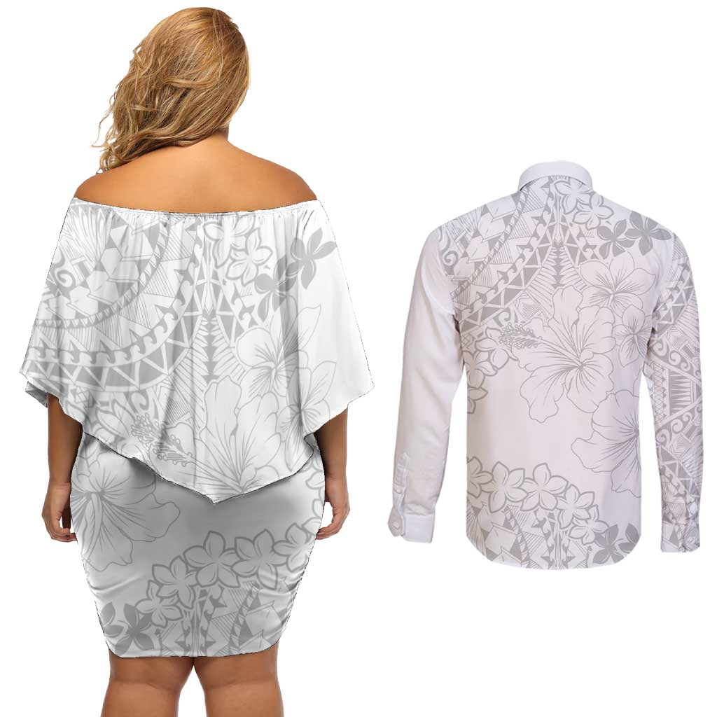 American Samoa Lotu Tamaiti Couples Matching Off Shoulder Short Dress and Long Sleeve Button Shirt White Sunday Plumeria White Vibe