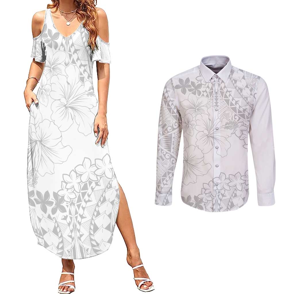 American Samoa Lotu Tamaiti Couples Matching Summer Maxi Dress and Long Sleeve Button Shirt White Sunday Plumeria White Vibe