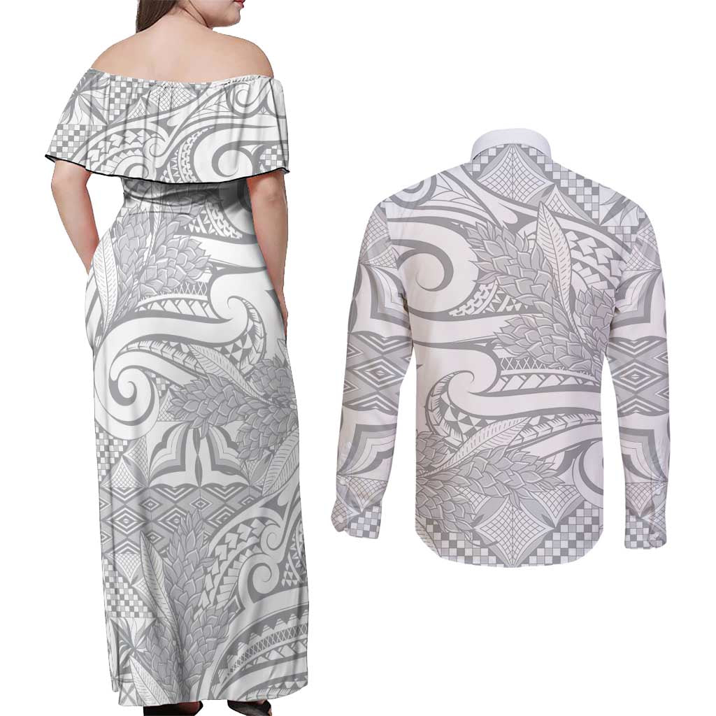 Lotu Tamaiti Samoa Siapo Couples Matching Off Shoulder Maxi Dress and Long Sleeve Button Shirt White Sunday With Teuila Torch Ginger