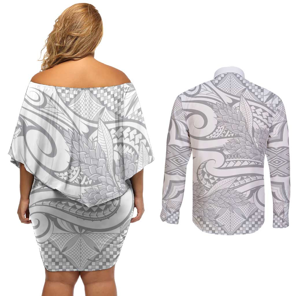 Lotu Tamaiti Samoa Siapo Couples Matching Off Shoulder Short Dress and Long Sleeve Button Shirt White Sunday With Teuila Torch Ginger
