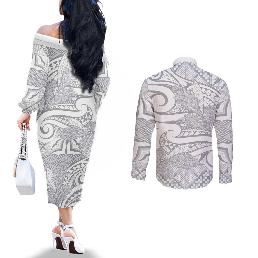 Lotu Tamaiti Samoa Siapo Couples Matching Off The Shoulder Long Sleeve Dress and Long Sleeve Button Shirt White Sunday With Teuila Torch Ginger