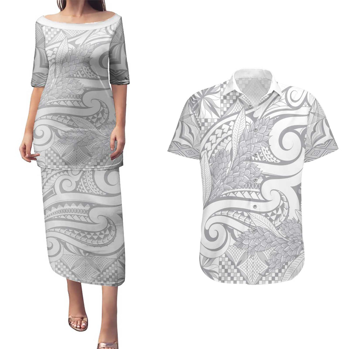 Lotu Tamaiti Samoa Siapo Couples Matching Puletasi and Hawaiian Shirt White Sunday With Teuila Torch Ginger