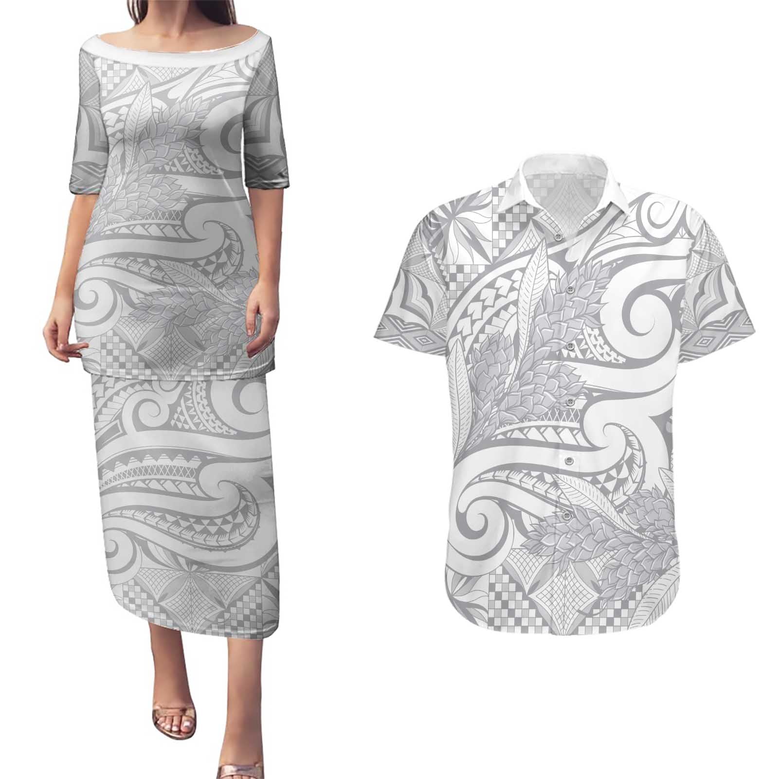 Lotu Tamaiti Samoa Siapo Couples Matching Puletasi and Hawaiian Shirt White Sunday With Teuila Torch Ginger