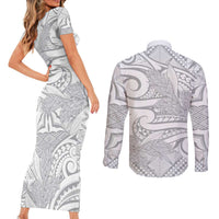 Lotu Tamaiti Samoa Siapo Couples Matching Short Sleeve Bodycon Dress and Long Sleeve Button Shirt White Sunday With Teuila Torch Ginger