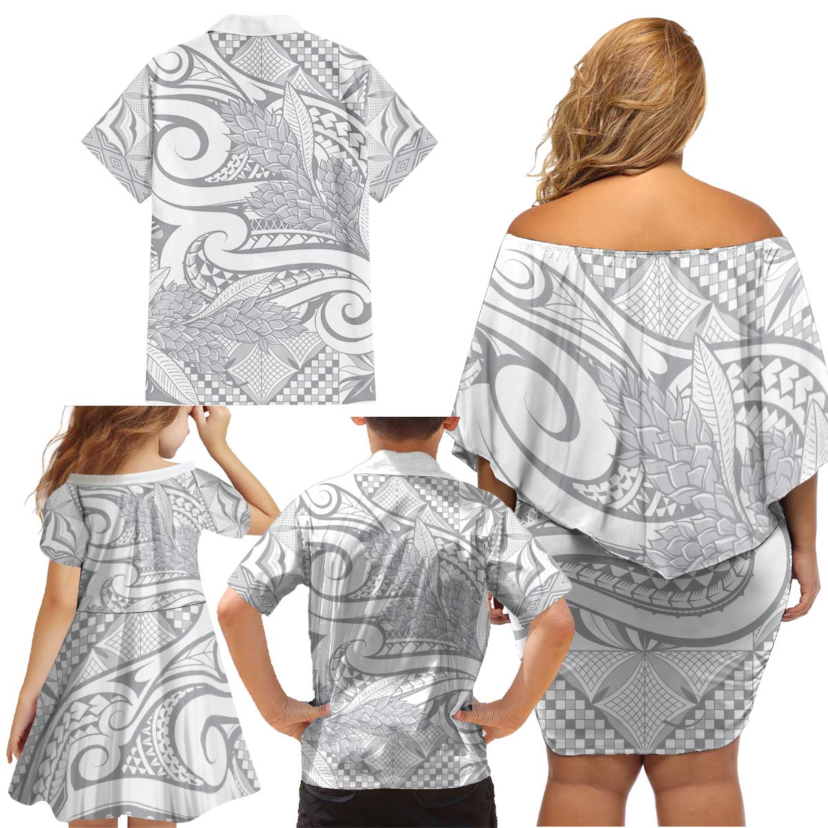 Lotu Tamaiti Samoa Siapo Family Matching Off Shoulder Short Dress and Hawaiian Shirt White Sunday With Teuila Torch Ginger