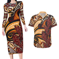 Vintage Samoa Siapo Couples Matching Long Sleeve Bodycon Dress and Hawaiian Shirt With Teuila Torch Ginger