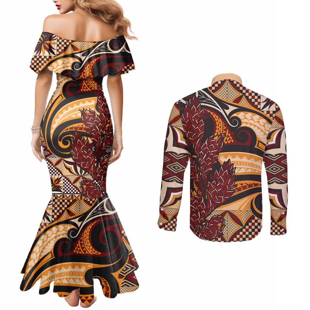 Vintage Samoa Siapo Couples Matching Mermaid Dress and Long Sleeve Button Shirt With Teuila Torch Ginger