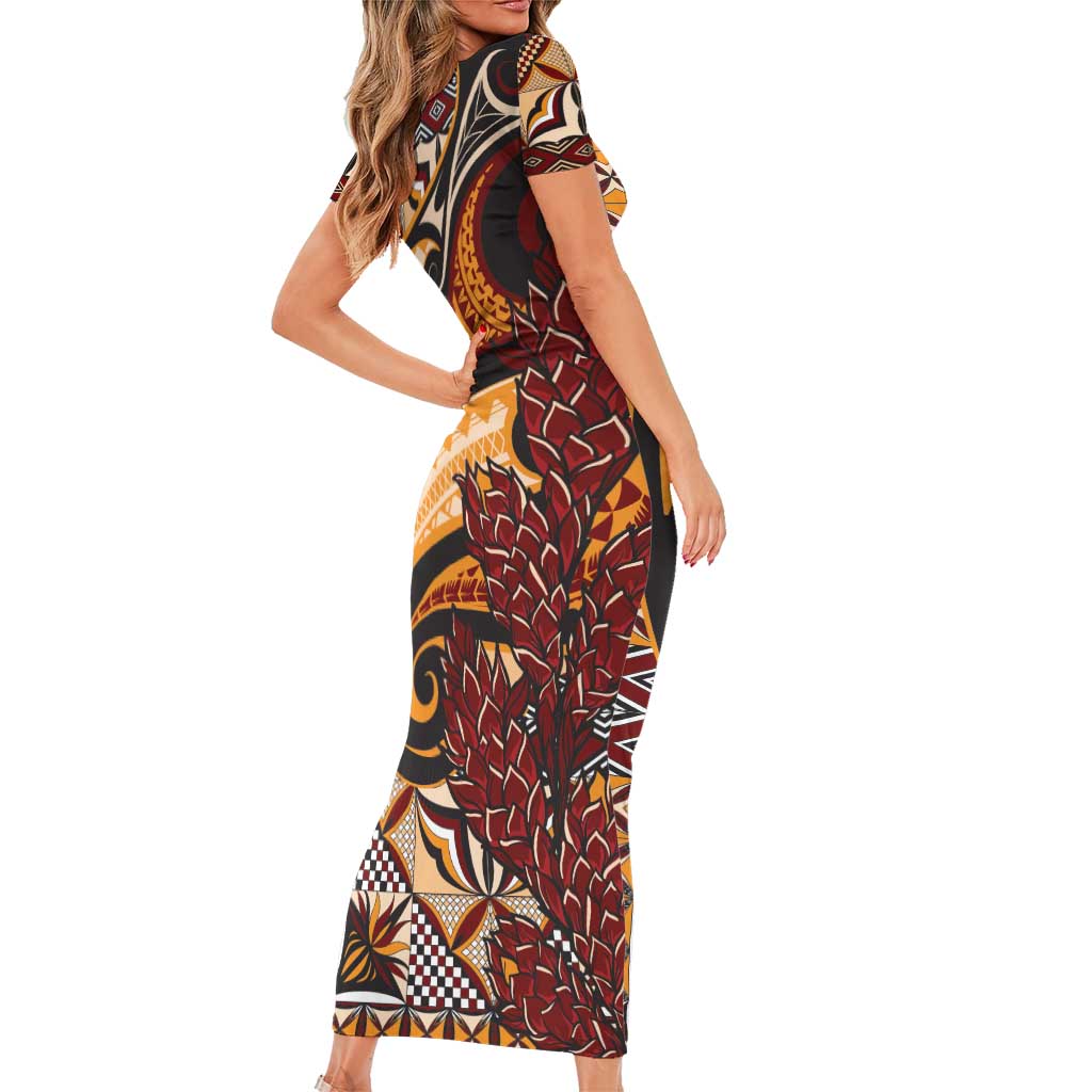 Vintage Samoa Siapo Family Matching Short Sleeve Bodycon Dress and Hawaiian Shirt With Teuila Torch Ginger