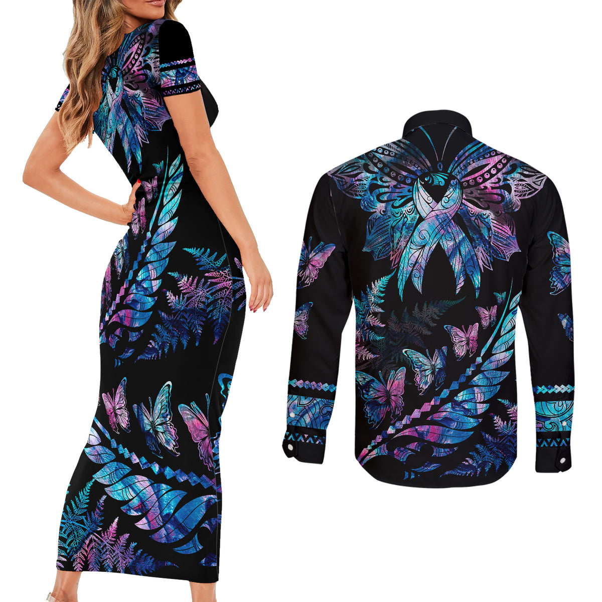 polynesia-ribbon-butterflies-couples-matching-short-sleeve-bodycon-dress-and-long-sleeve-button-shirts-silver-fern-breast-cancer-with-papua-shell-pattern