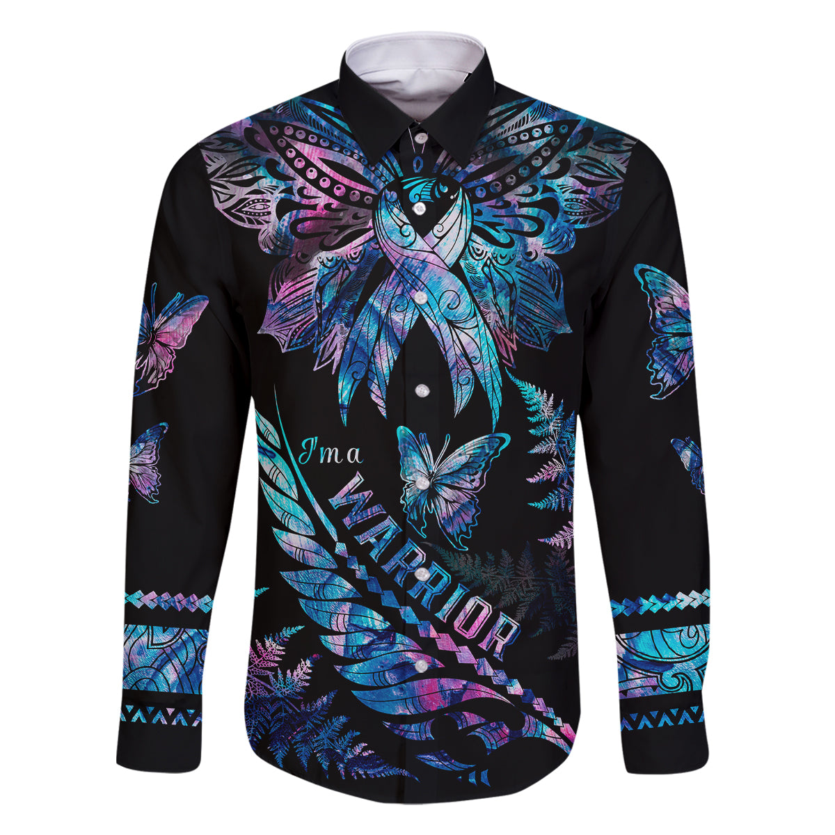 polynesia-ribbon-butterflies-family-matching-off-shoulder-long-sleeve-dress-and-hawaiian-shirt-silver-fern-breast-cancer-with-papua-shell-pattern