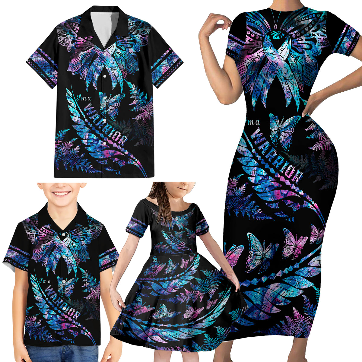 polynesia-ribbon-butterflies-family-matching-short-sleeve-bodycon-dress-and-hawaiian-shirt-silver-fern-breast-cancer-with-papua-shell-pattern