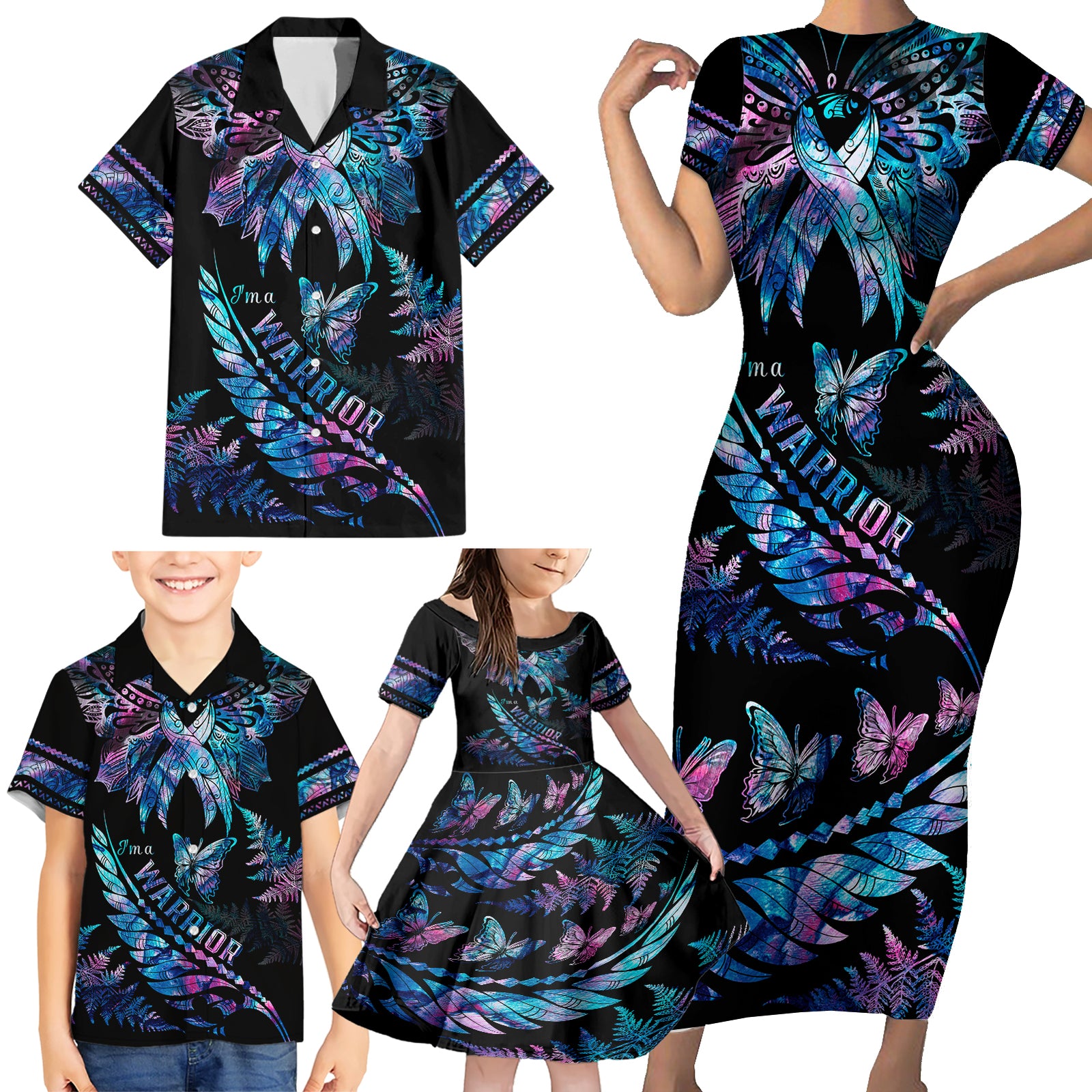 polynesia-ribbon-butterflies-family-matching-short-sleeve-bodycon-dress-and-hawaiian-shirt-silver-fern-breast-cancer-with-papua-shell-pattern