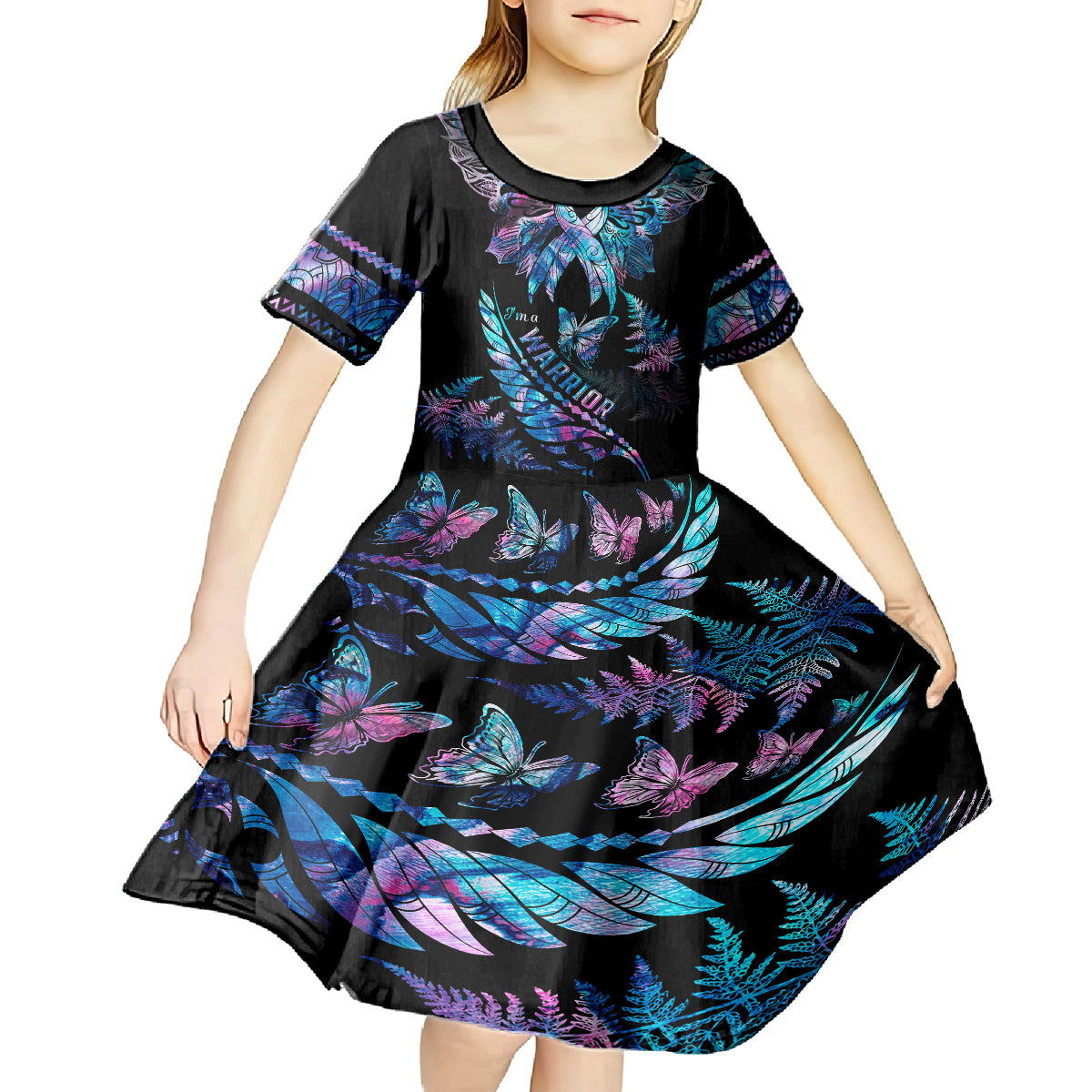 polynesia-ribbon-butterflies-kid-short-sleeve-dress-silver-fern-breast-cancer-with-papua-shell-pattern