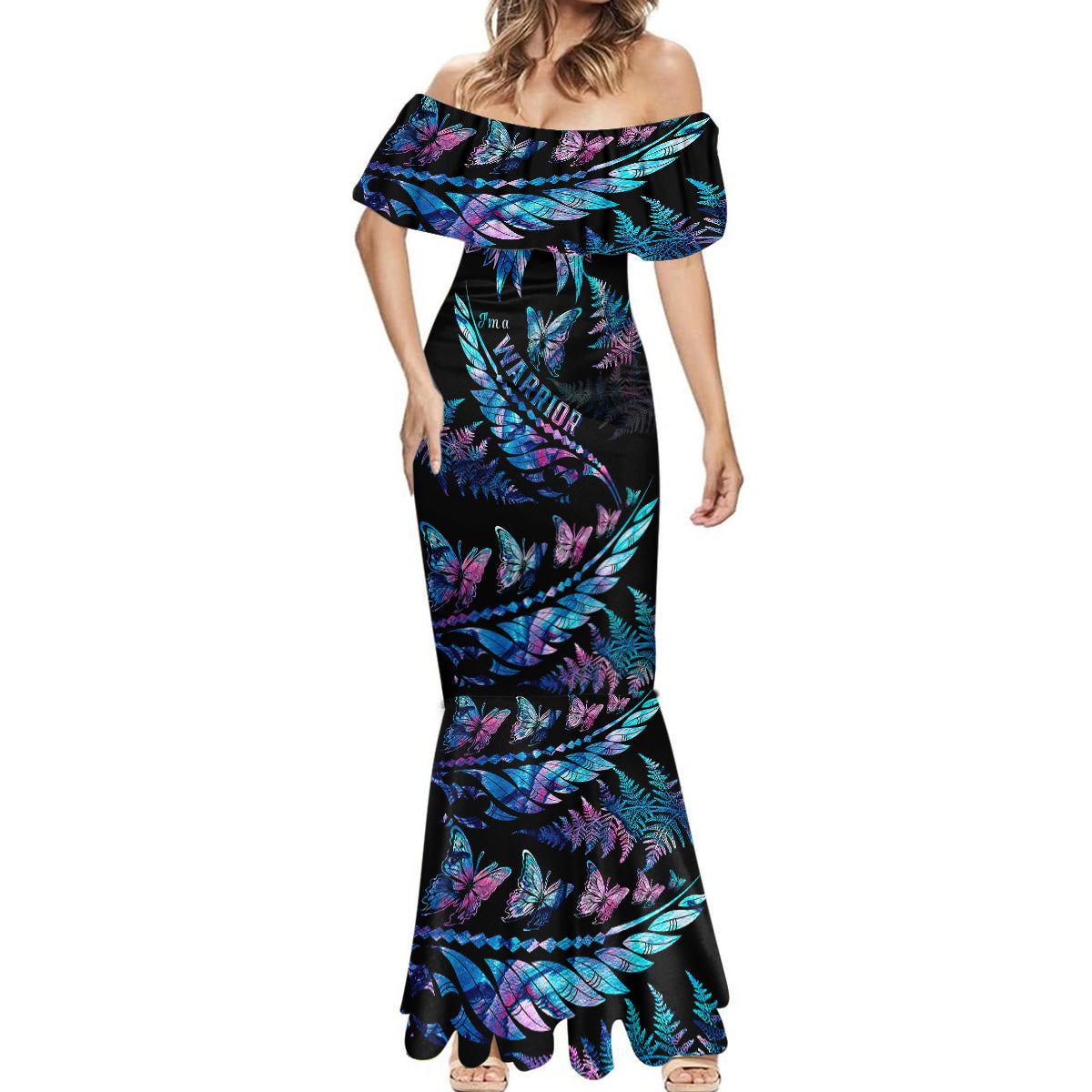 polynesia-ribbon-butterflies-mermaid-dress-silver-fern-breast-cancer-with-papua-shell-pattern