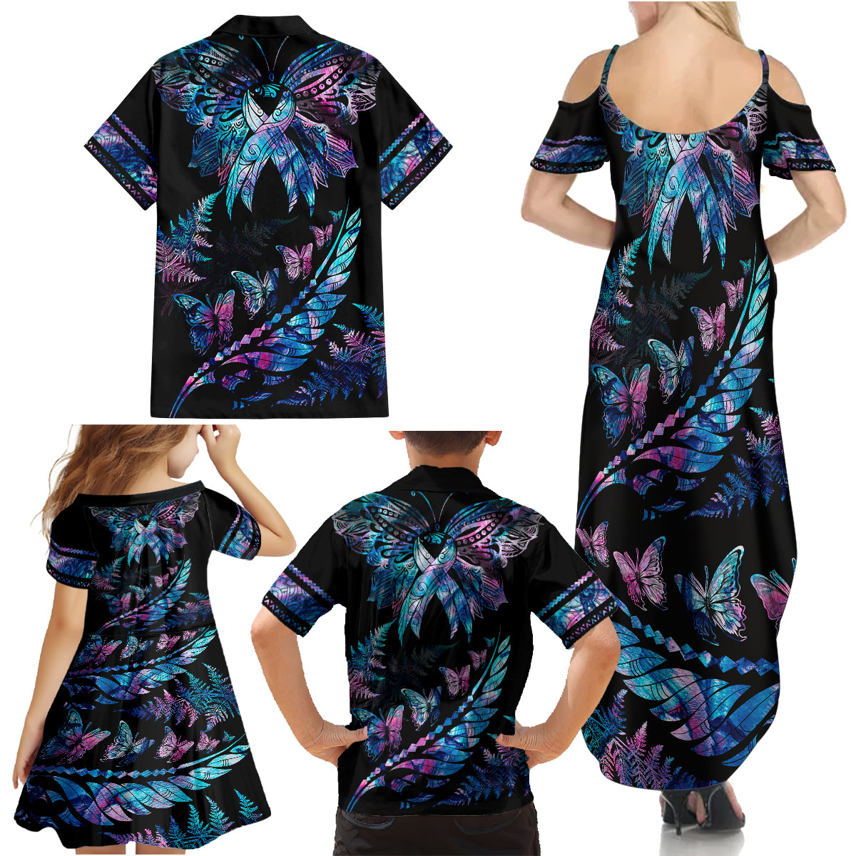 personalised-polynesia-ribbon-butterflies-family-matching-summer-maxi-dress-and-hawaiian-shirt-silver-fern-breast-cancer-with-papua-shell-pattern