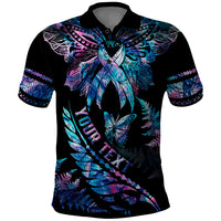 Personalised Polynesia Ribbon Butterflies Polo Shirt Silver Fern Breast Cancer With Papua Shell Pattern LT9 Black - Polynesian Pride