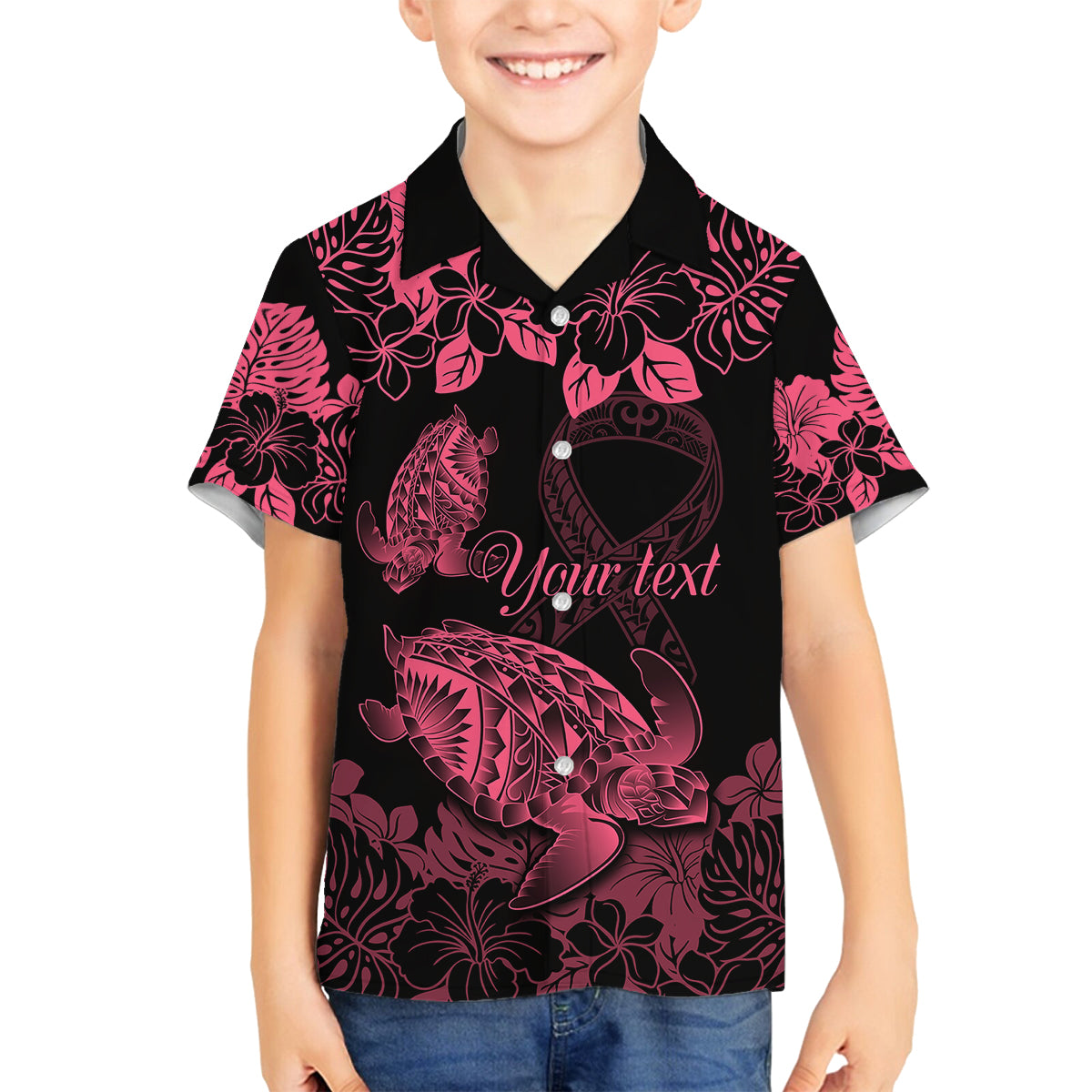 personalised-polynesian-turtle-ribbon-family-matching-summer-maxi-dress-and-hawaiian-shirt-think-pink-breast-cancer-with-pacific-hibiscus