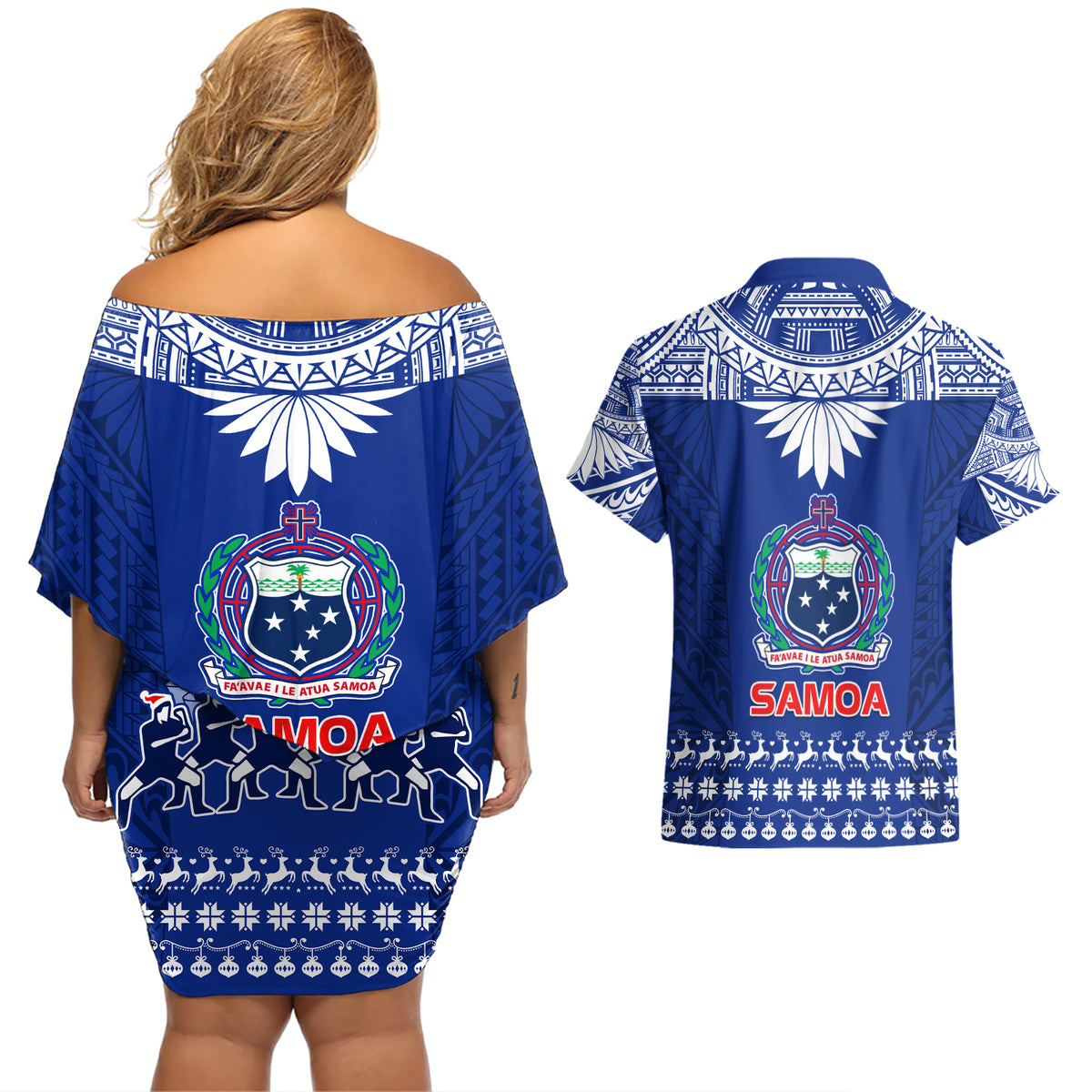 Toa Samoa Christmas Couples Matching Off Shoulder Short Dress and Hawaiian Shirt Samoa Siva Tau Manuia Le Kerisimasi Blue Vibe LT9 - Polynesian Pride