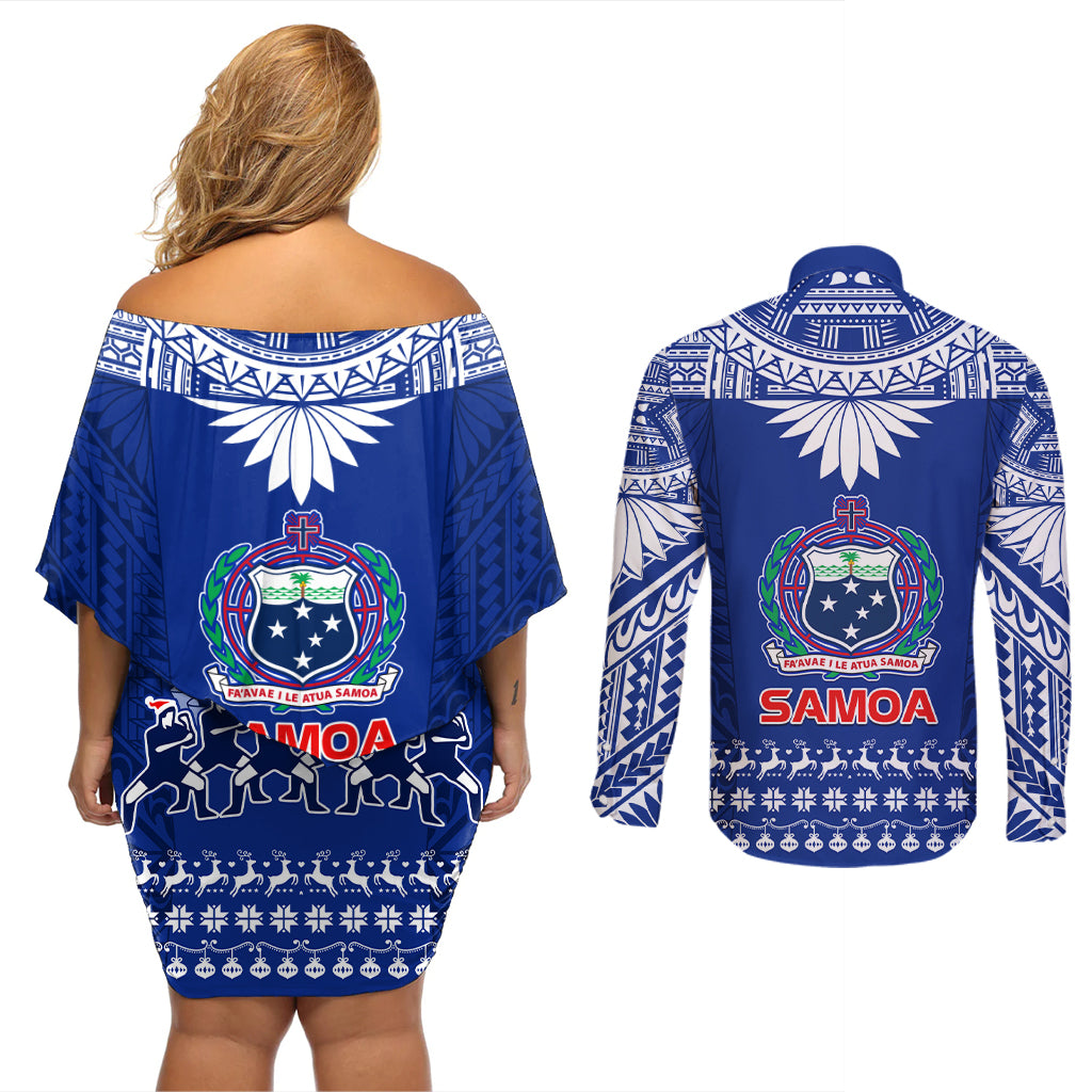 Toa Samoa Christmas Couples Matching Off Shoulder Short Dress and Long Sleeve Button Shirt Samoa Siva Tau Manuia Le Kerisimasi Blue Vibe LT9 - Polynesian Pride