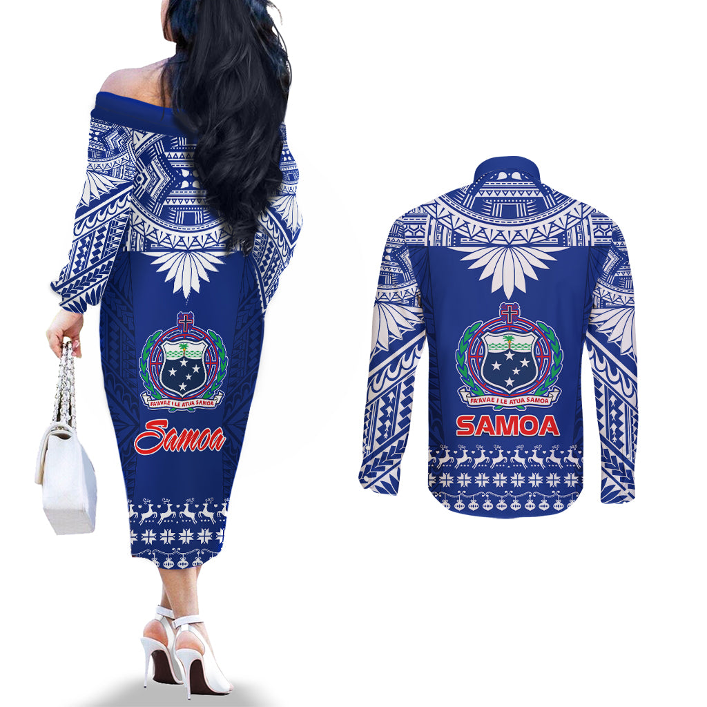 Toa Samoa Christmas Couples Matching Off The Shoulder Long Sleeve Dress and Long Sleeve Button Shirt Samoa Siva Tau Manuia Le Kerisimasi Blue Vibe LT9 - Polynesian Pride