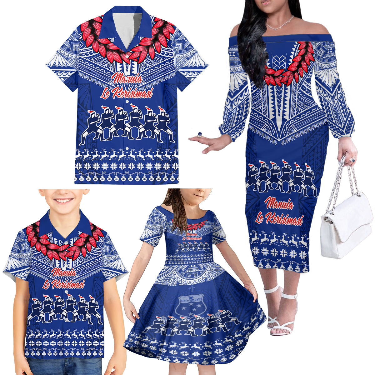 Toa Samoa Christmas Family Matching Off Shoulder Long Sleeve Dress and Hawaiian Shirt Samoa Siva Tau Manuia Le Kerisimasi Blue Vibe LT9 - Polynesian Pride