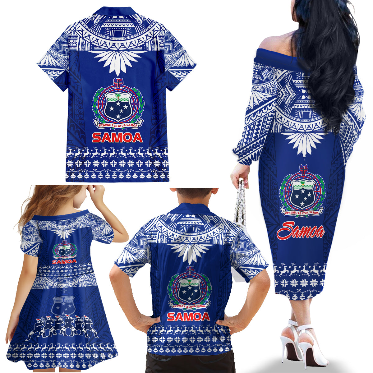 Toa Samoa Christmas Family Matching Off Shoulder Long Sleeve Dress and Hawaiian Shirt Samoa Siva Tau Manuia Le Kerisimasi Blue Vibe LT9 - Polynesian Pride