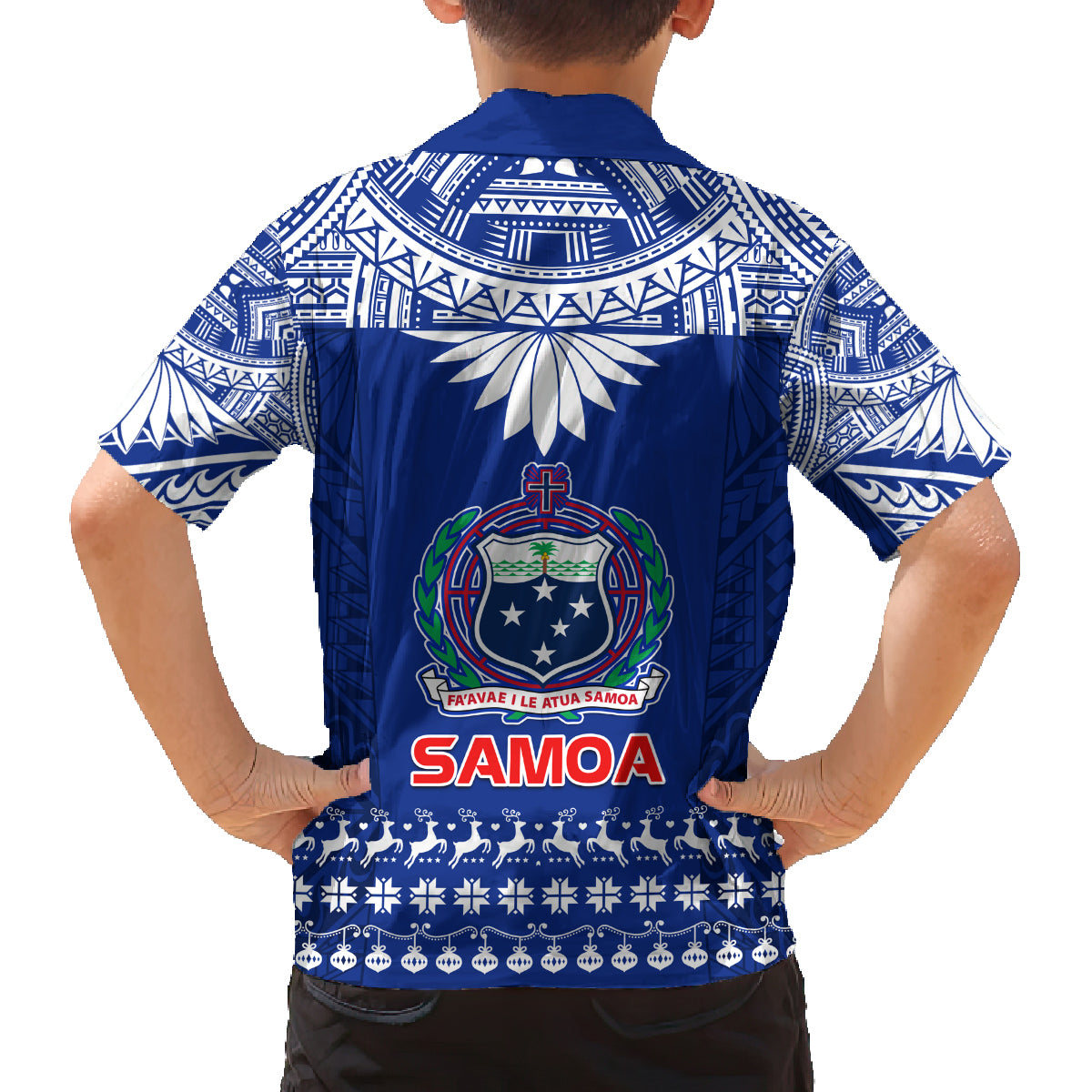 Toa Samoa Christmas Family Matching Off Shoulder Short Dress and Hawaiian Shirt Samoa Siva Tau Manuia Le Kerisimasi Blue Vibe LT9 - Polynesian Pride