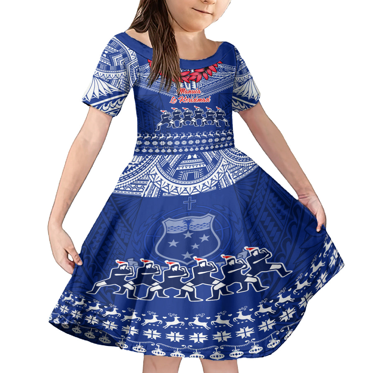 Personalised Toa Samoa Christmas Family Matching Off Shoulder Long Sleeve Dress and Hawaiian Shirt Samoa Siva Tau Manuia Le Kerisimasi Blue Vibe LT9 Daughter's Dress Blue - Polynesian Pride
