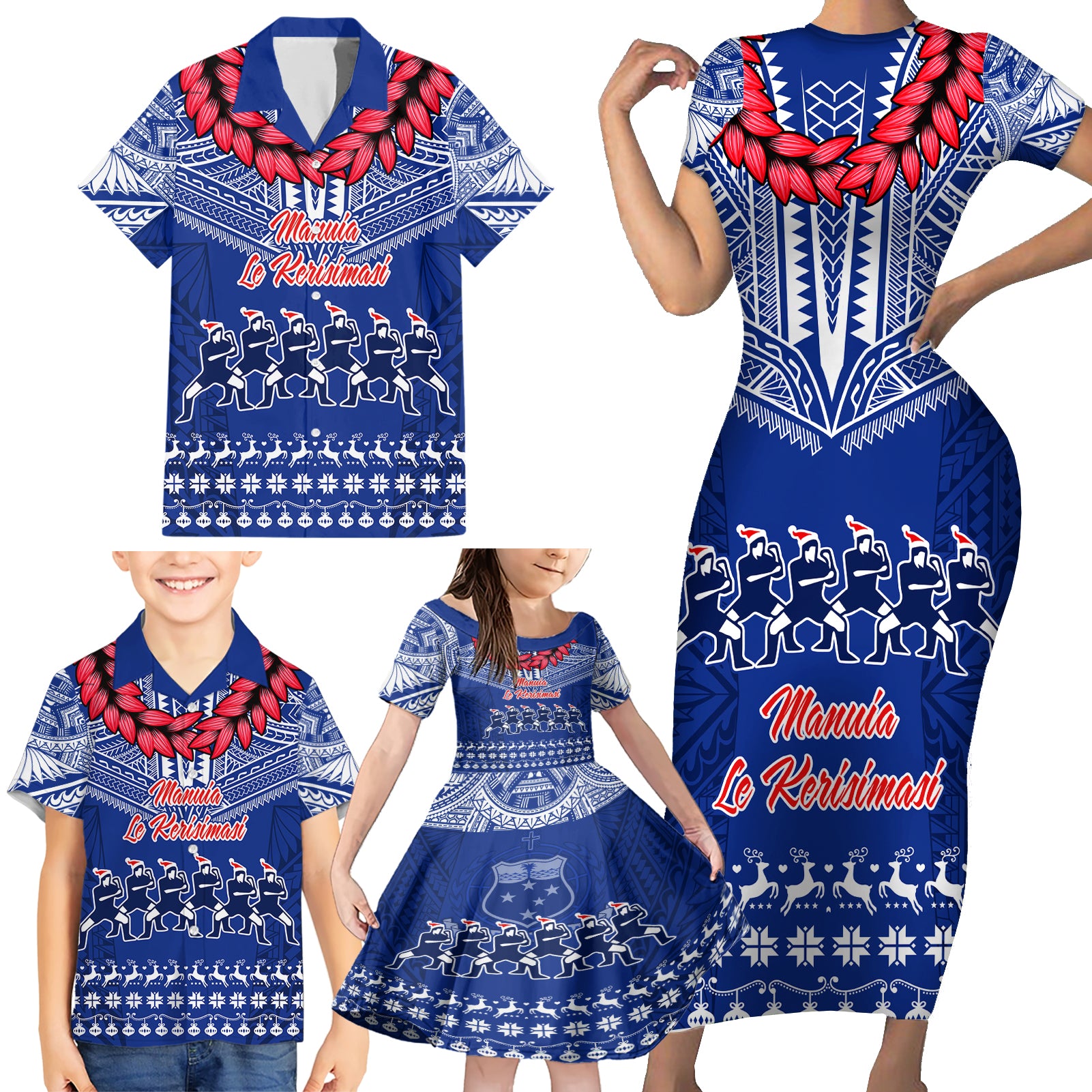 Personalised Toa Samoa Christmas Family Matching Short Sleeve Bodycon Dress and Hawaiian Shirt Samoa Siva Tau Manuia Le Kerisimasi Blue Vibe LT9 - Polynesian Pride
